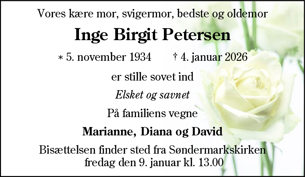 Dødsannonce for Inge Birgit Petersen