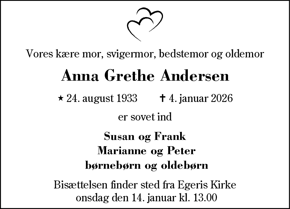Dødsannonce for Anna Grethe Andersen