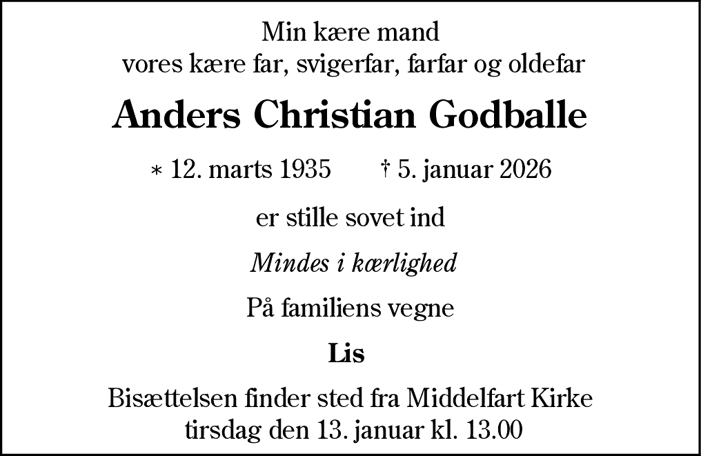 Dødsannonce for Anders Christian Godballe