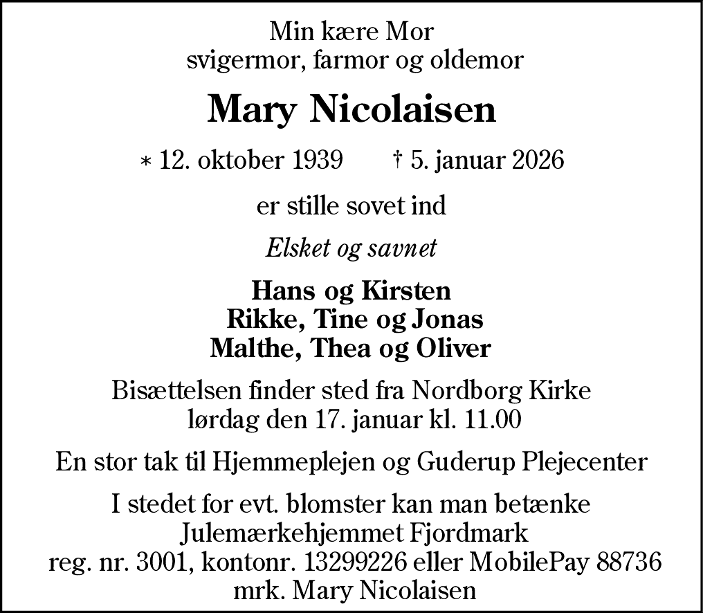 Dødsannonce for Mary Nicolaisen