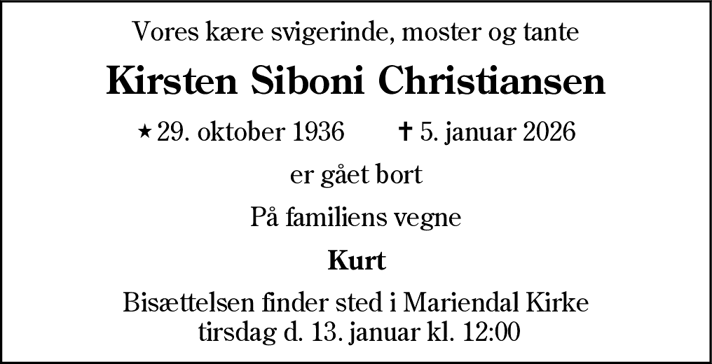 Dødsannonce for Kirsten Siboni Christiansen