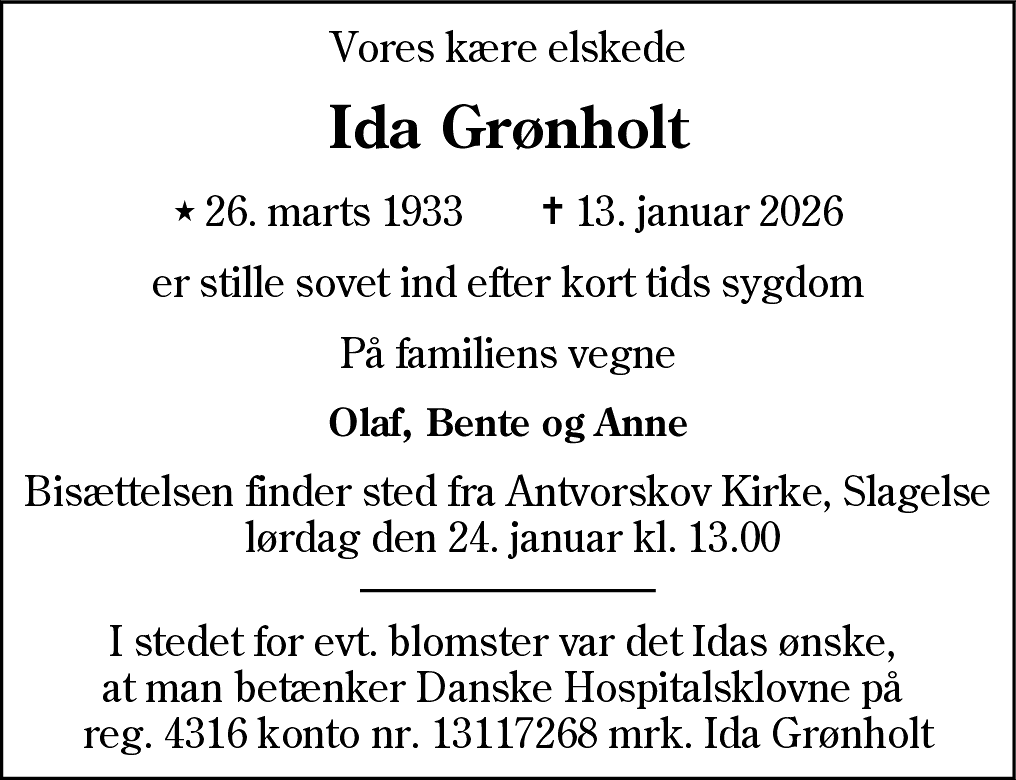 Dødsannonce for Ida Kristine Ingemann Grønholt