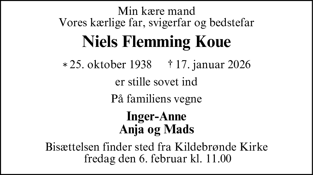 Dødsannonce for Niels Flemming Koue