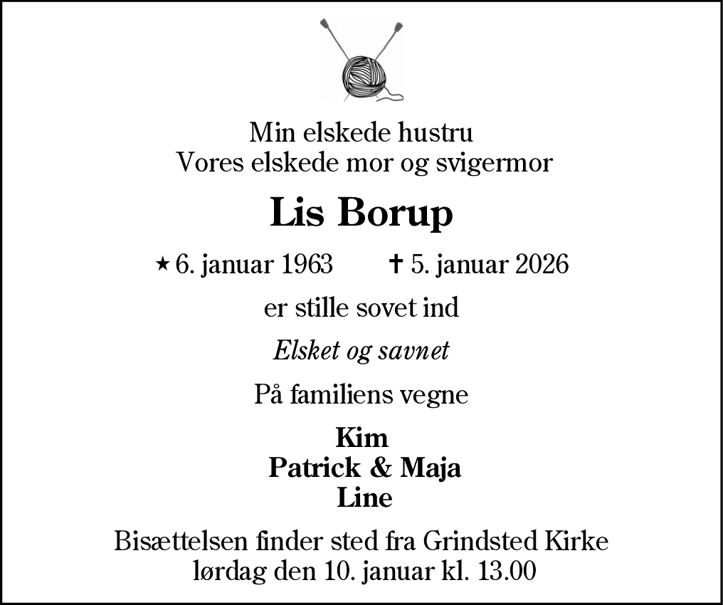 Dødsannonce for Lis Borup