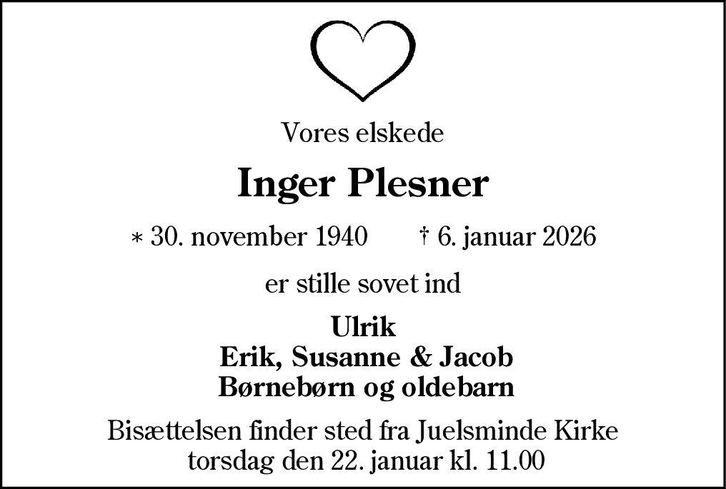 Dødsannonce for Inger Plesner