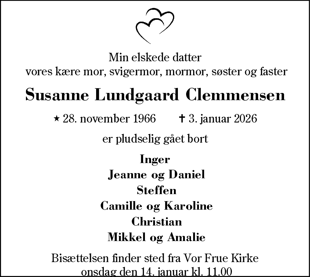 Dødsannonce for Susanne Lundgaard Clemmensen