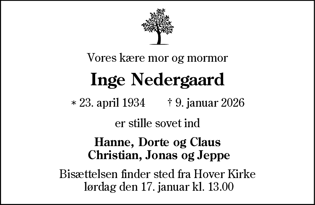 Dødsannonce for Inge Nedergaard