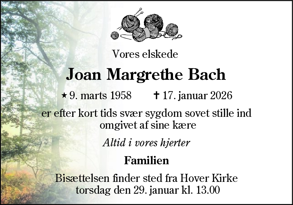 Dødsannonce for Joan Margrethe Bach