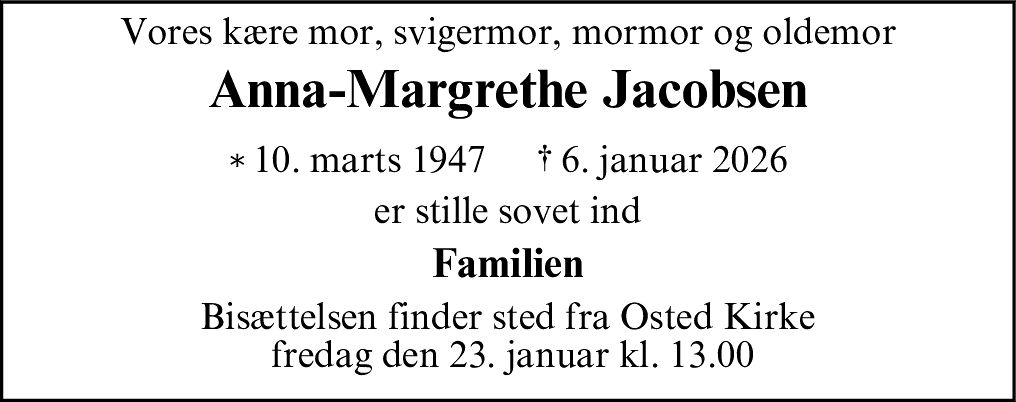 Dødsannonce for Anna-Margrethe Jacobsen