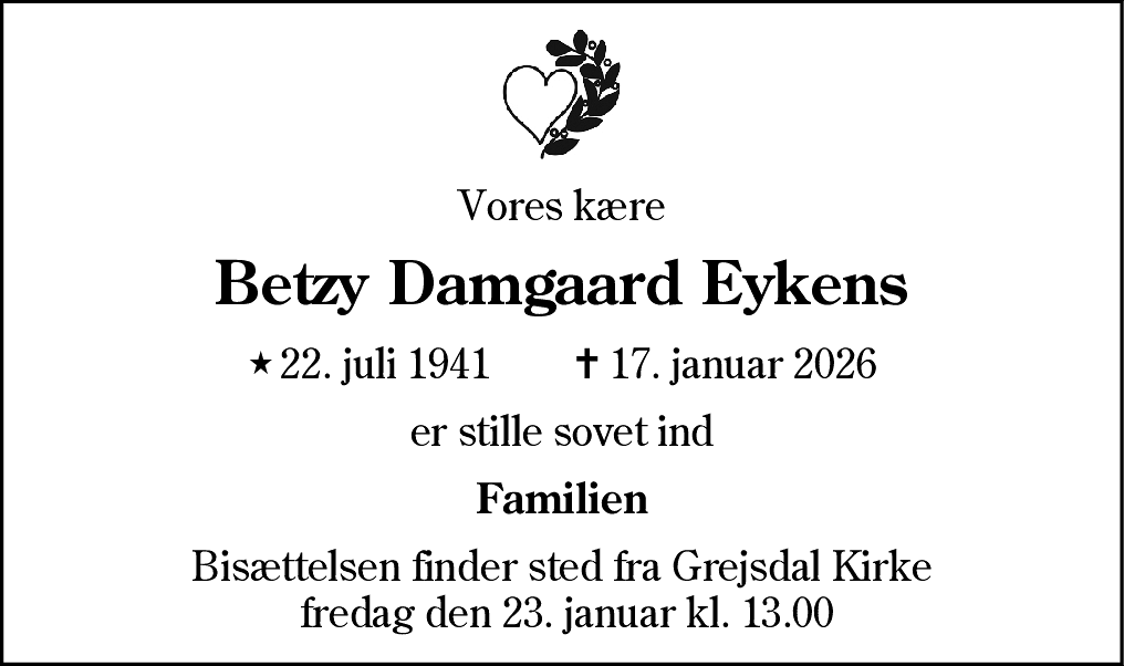 Dødsannonce for Betzy Damgaard Eykens