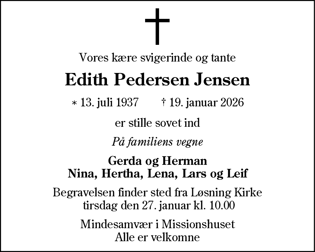 Dødsannonce for Edith Pedersen Jensen