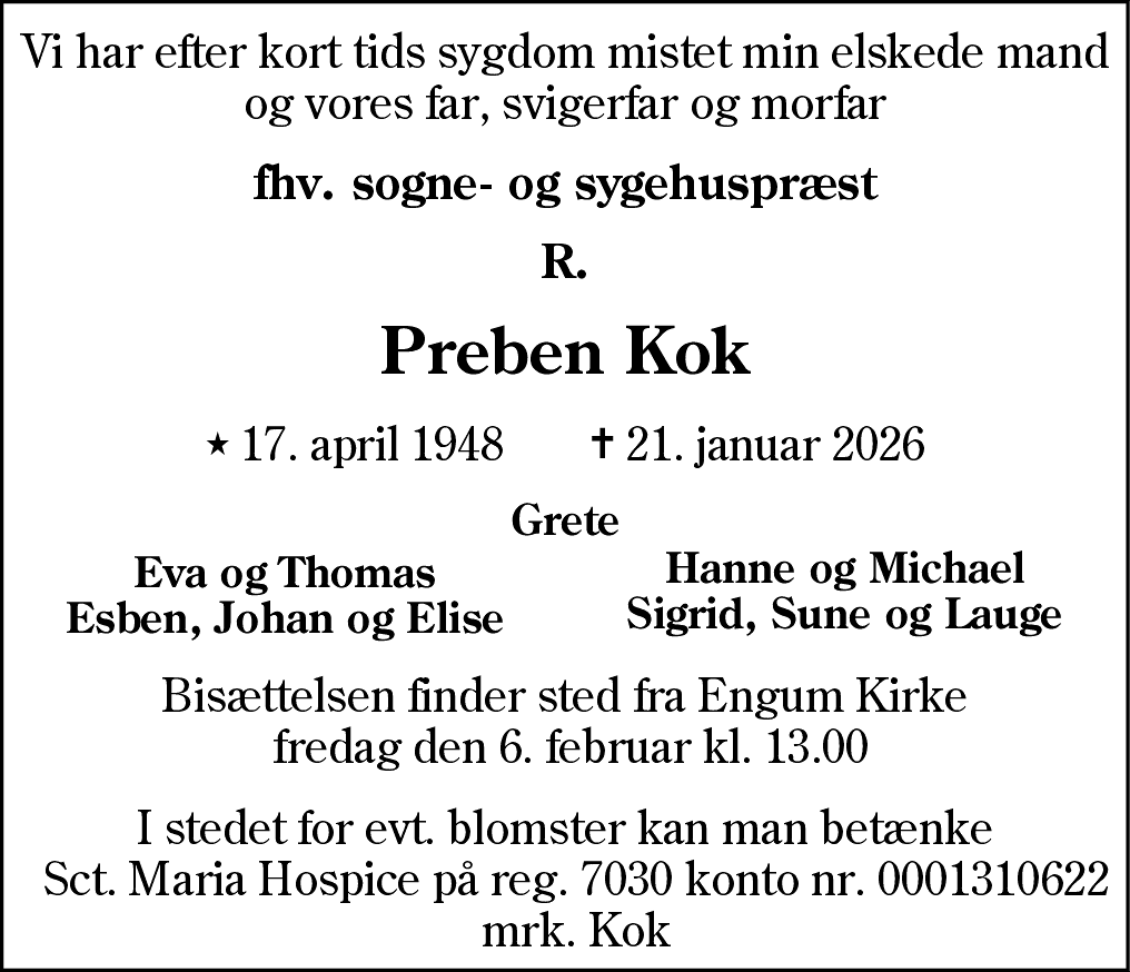 Dødsannonce for Preben Kok