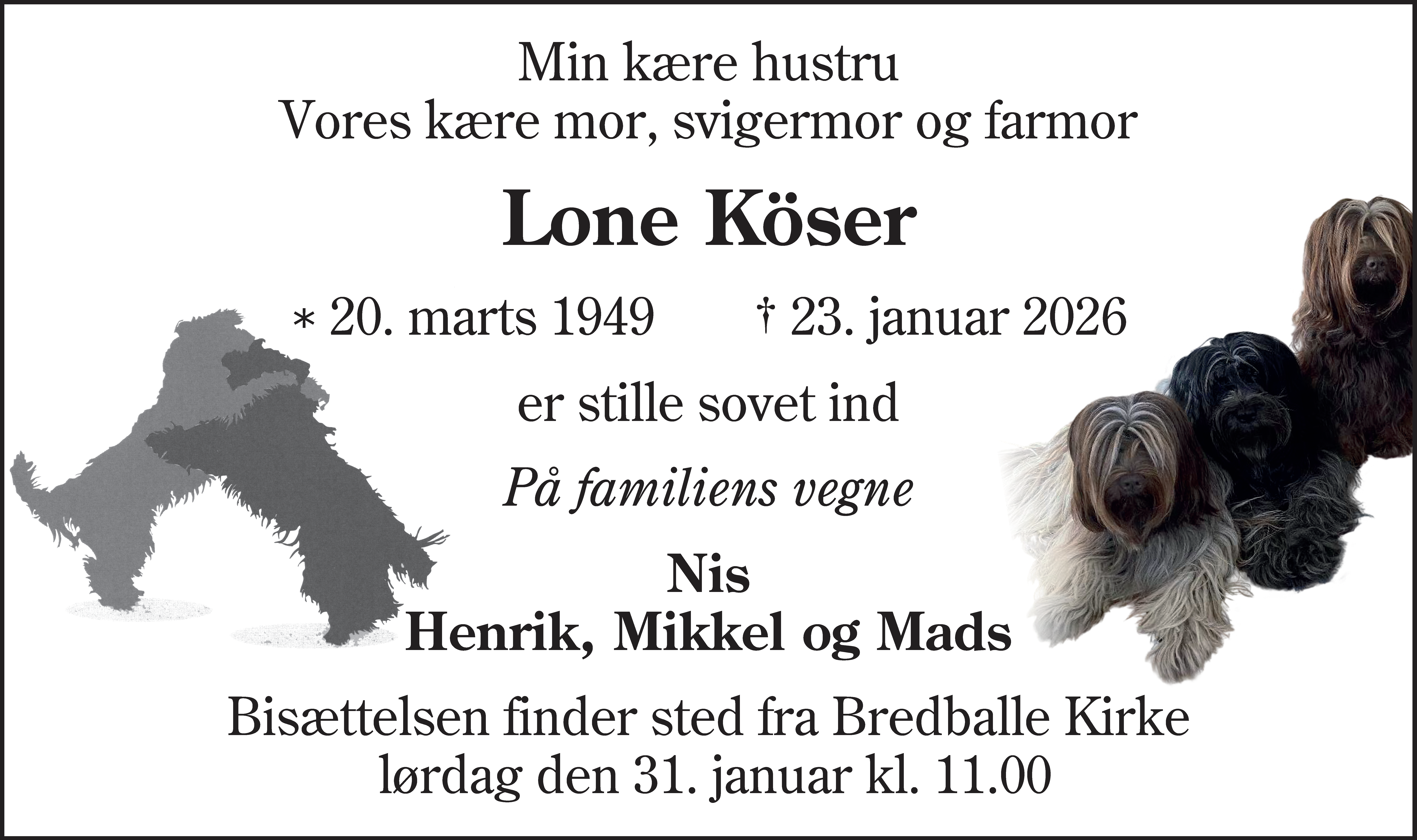 Dødsannonce for Lone Köser