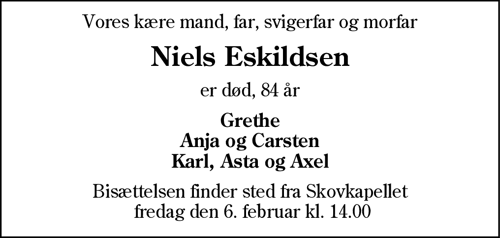 Dødsannonce for Niels Eskildsen