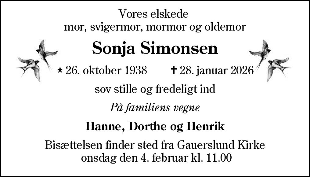 Dødsannonce for Sonja Grethe Bøndergaard Simonsen