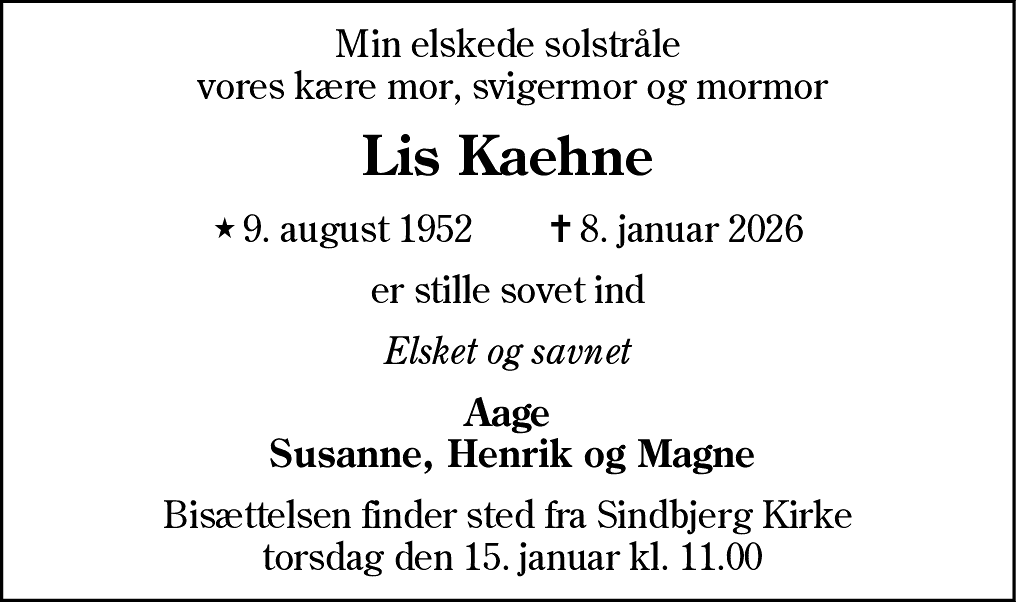 Dødsannonce for Lis Erna Kaehne