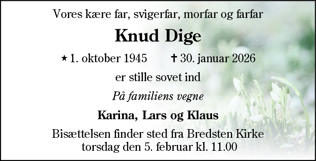 Dødsannonce for Knud Dige