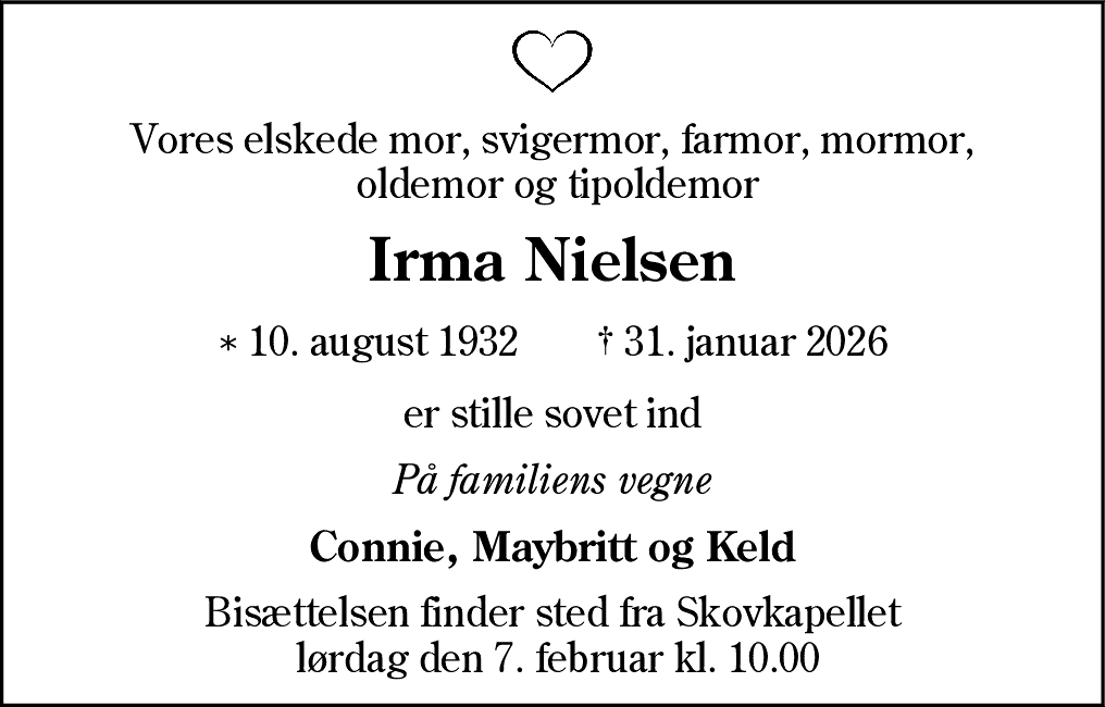 Dødsannonce for Irma Nielsen
