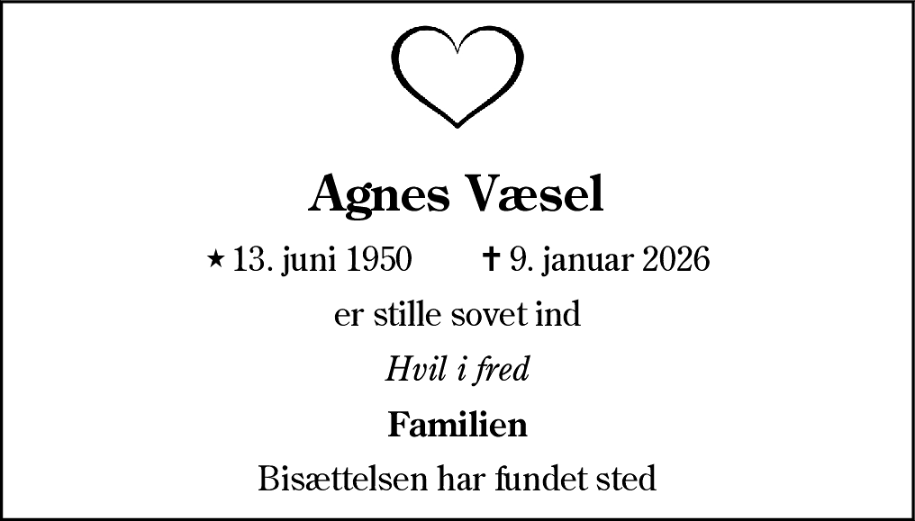 Dødsannonce for Agnes Væsel