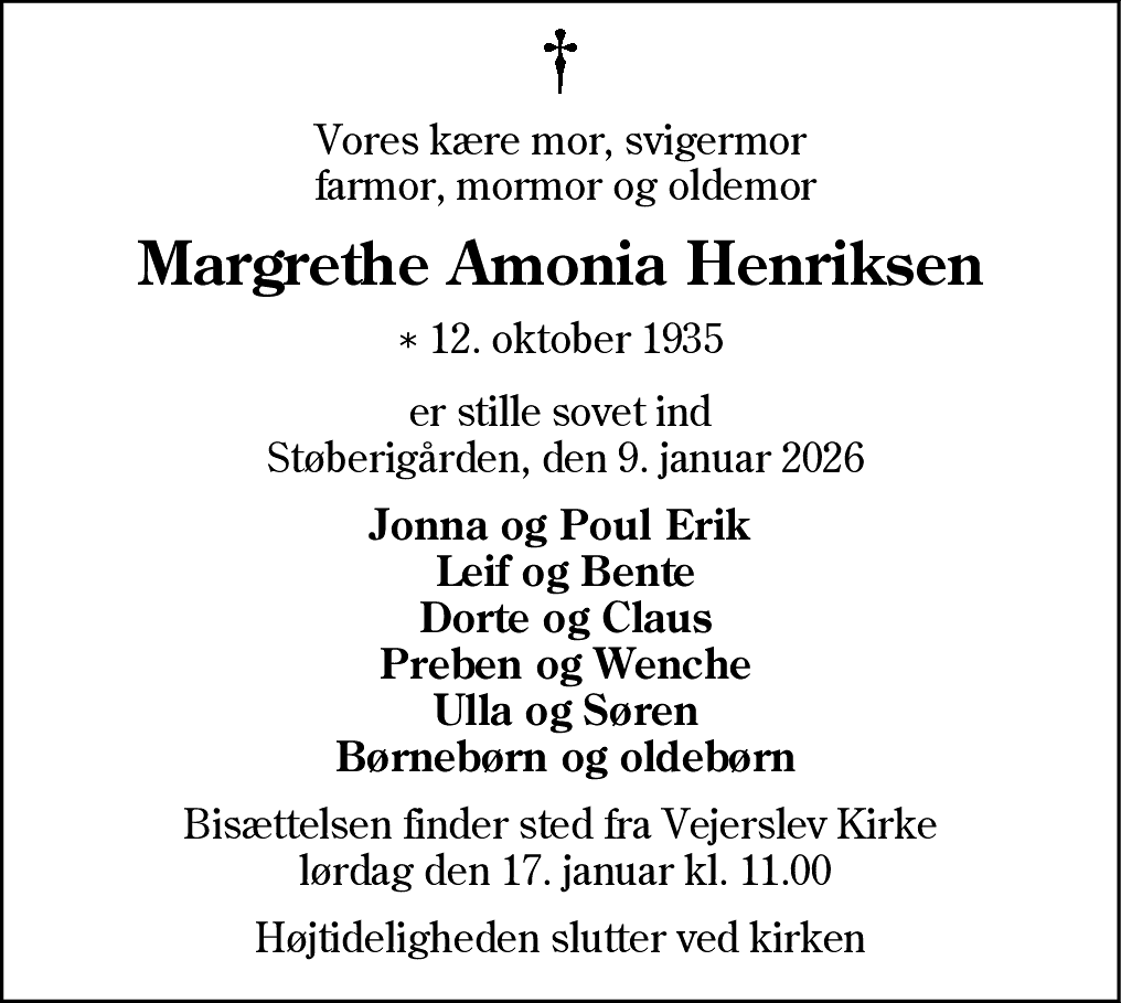 Dødsannonce for Margrethe Amonia Henriksen