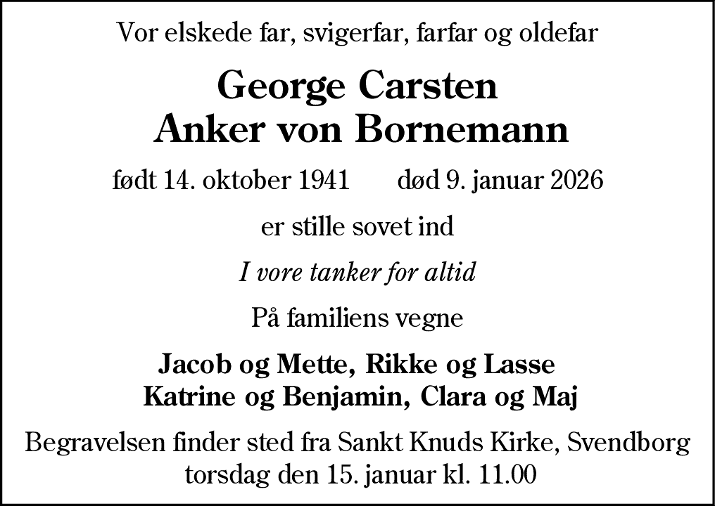 Dødsannonce for George Carsten Anker von Bornemann