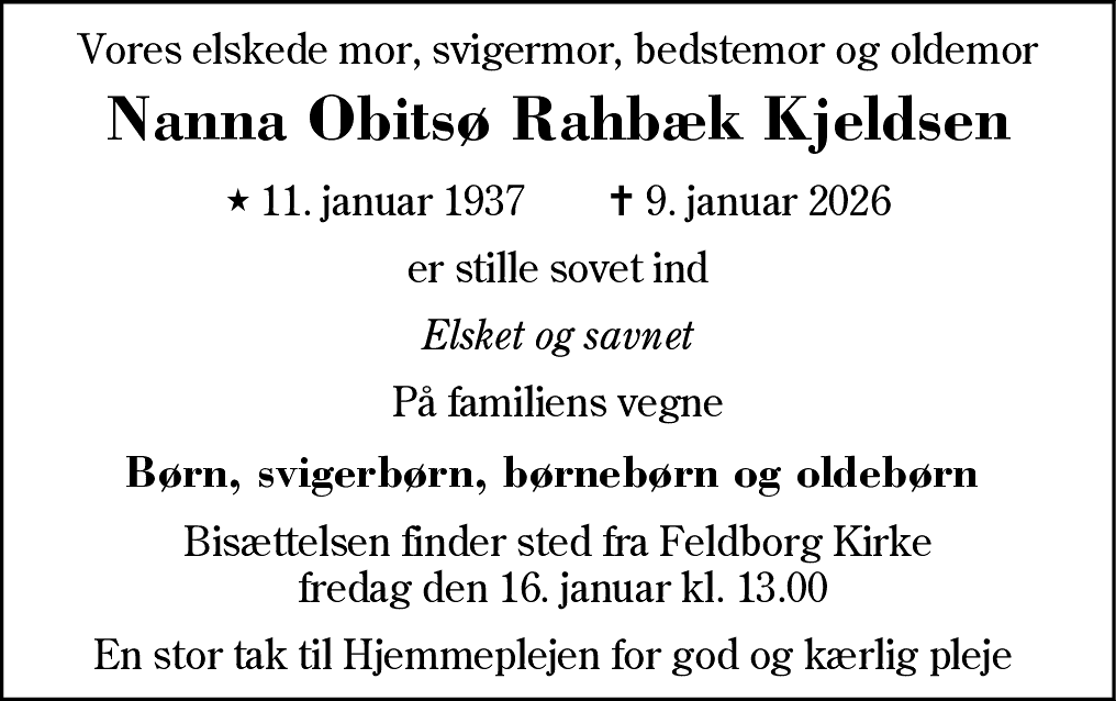 Dødsannonce for Nanna Rahbæk Kjeldsen