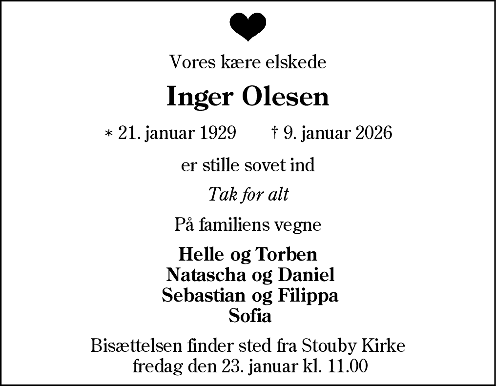 Dødsannonce for Inger Olesen