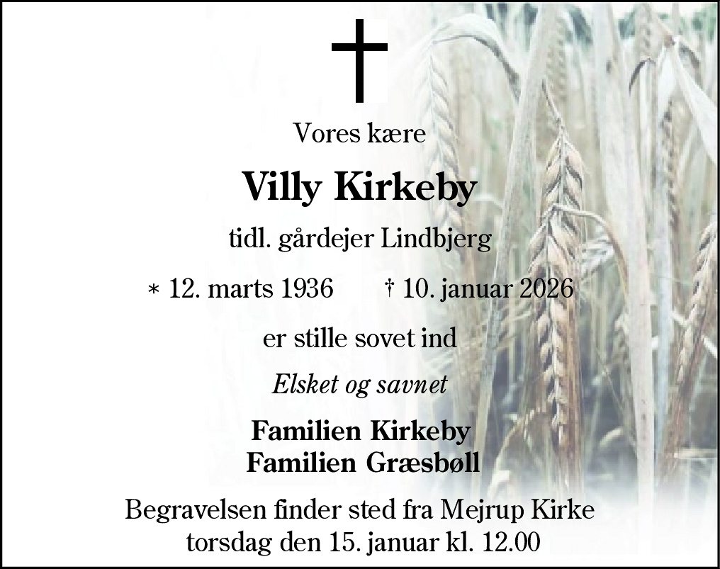 Dødsannonce for Villy Kirkeby