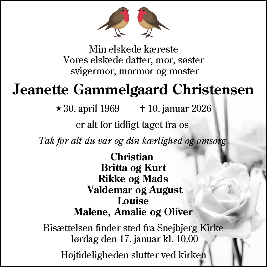 Dødsannonce for Jeanette Gammelgaard Christensen