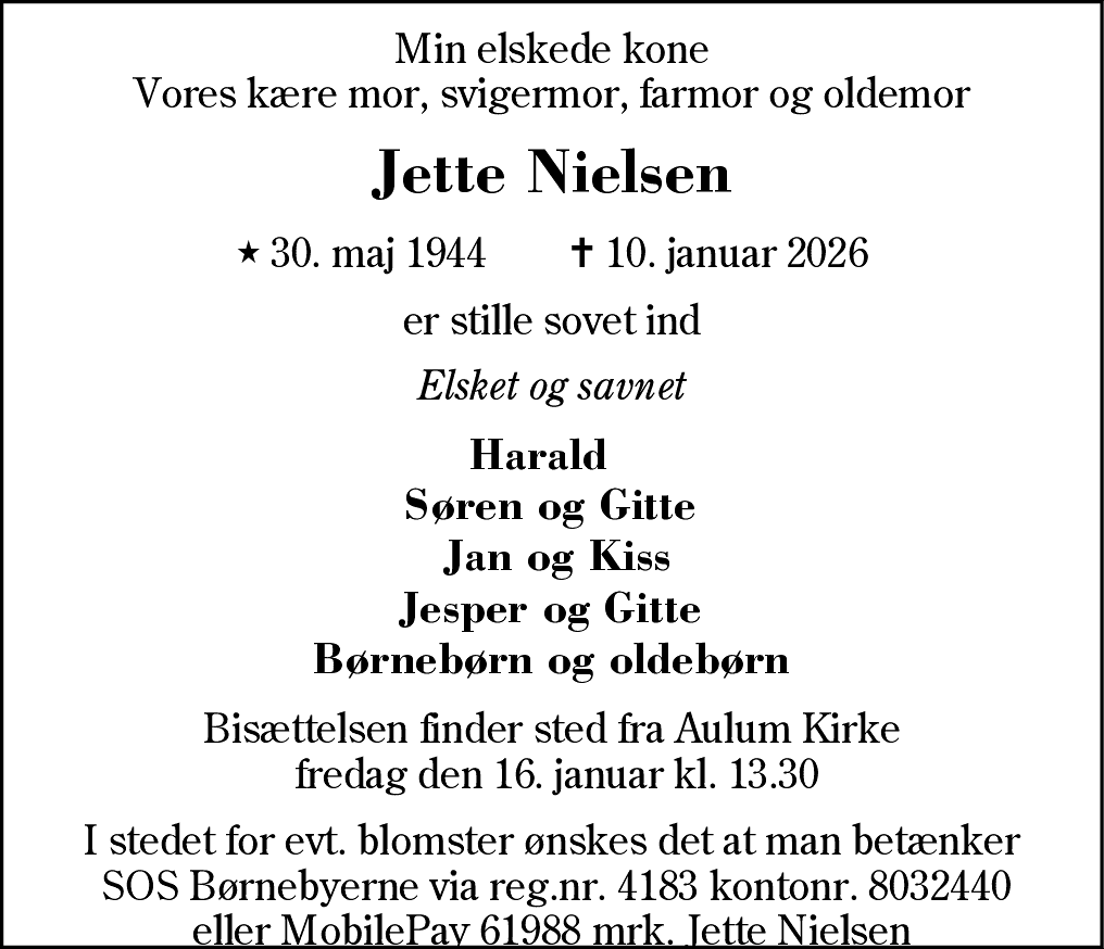 Dødsannonce for Jette Nielsen