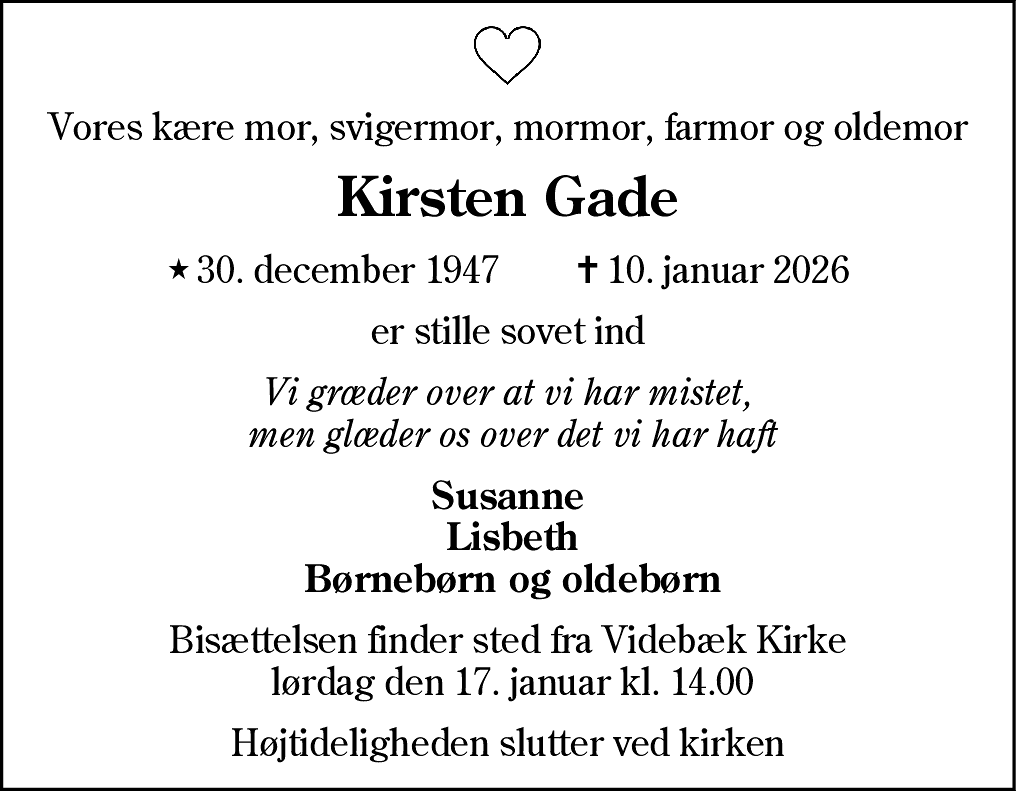 Dødsannonce for Kirsten Gade