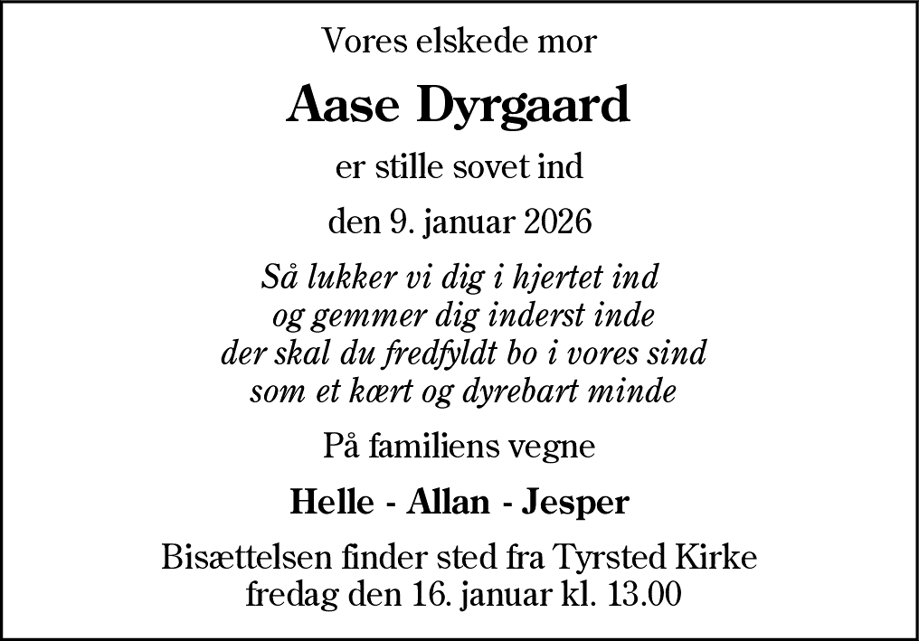 Dødsannonce for Aase Pertou Dyrgaard