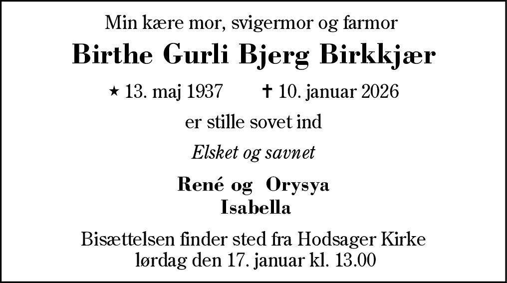 Dødsannonce for Birthe Gurli Bjerg Birkkjær
