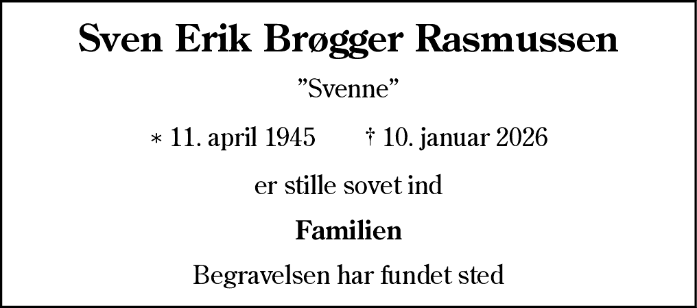 Dødsannonce for Sven Erik Brøgger Rasmussen