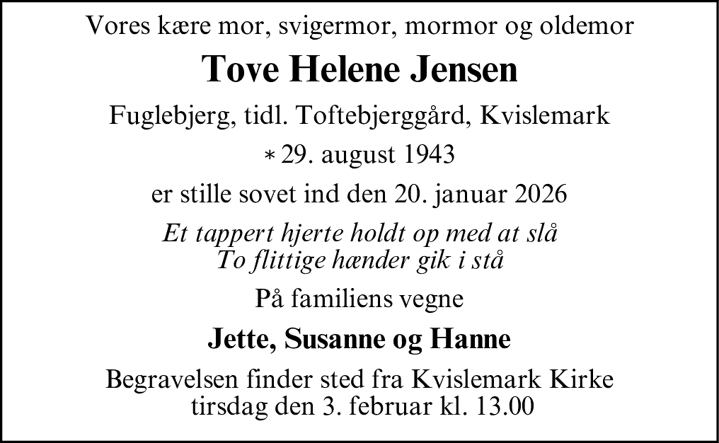 Dødsannonce for Tove Helene Jensen