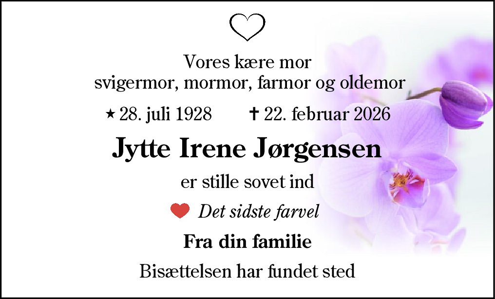 Dødsannonce for Jytte Irene Jørgensen