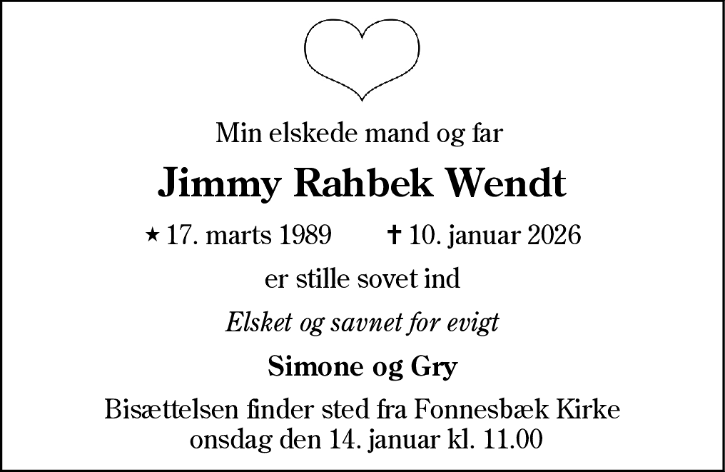 Dødsannonce for Jimmy Rahbek Wendt