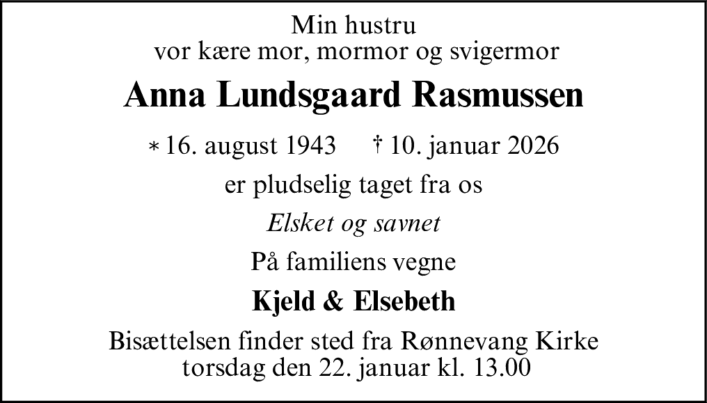 Dødsannonce for Anna Lundsgaard Rasmussen