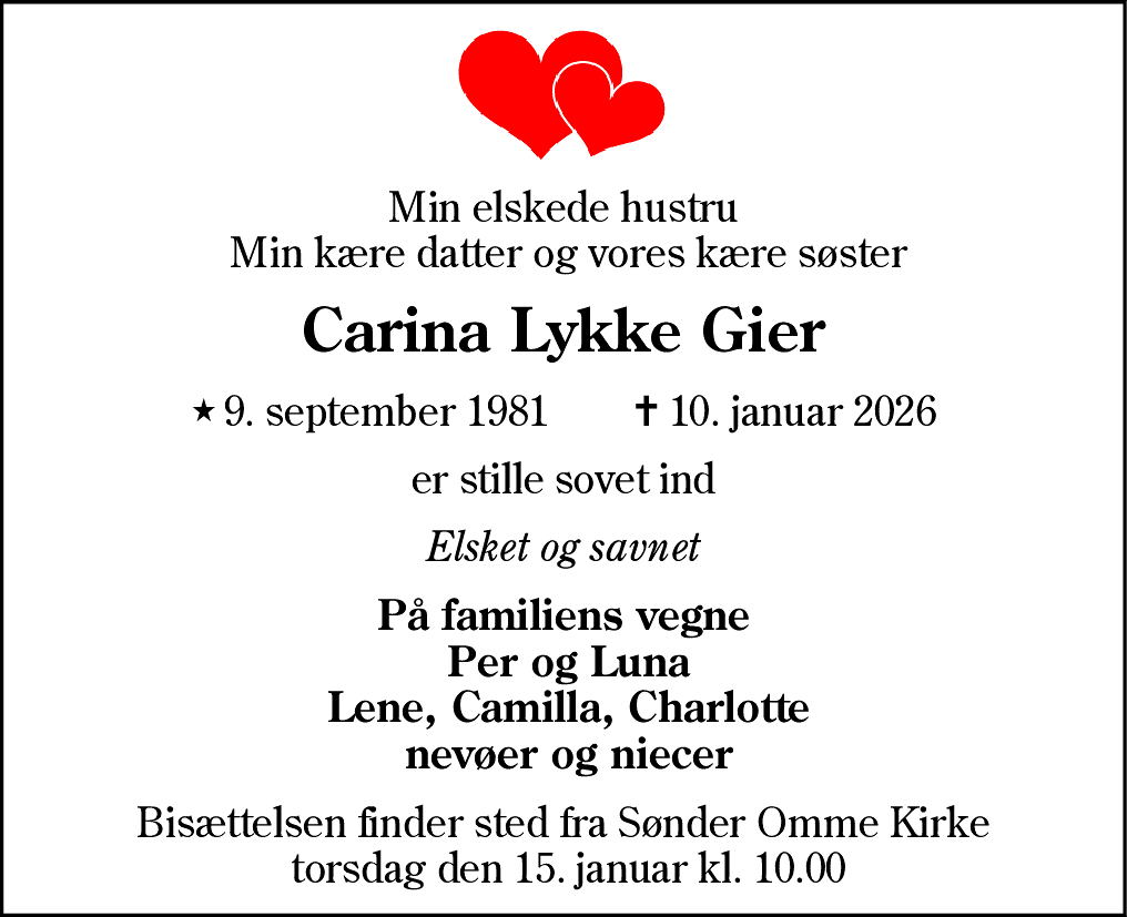 Dødsannonce for Carina Lykke Gier