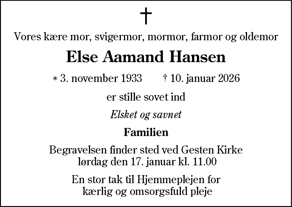 Dødsannonce for Else Aamand Hansen
