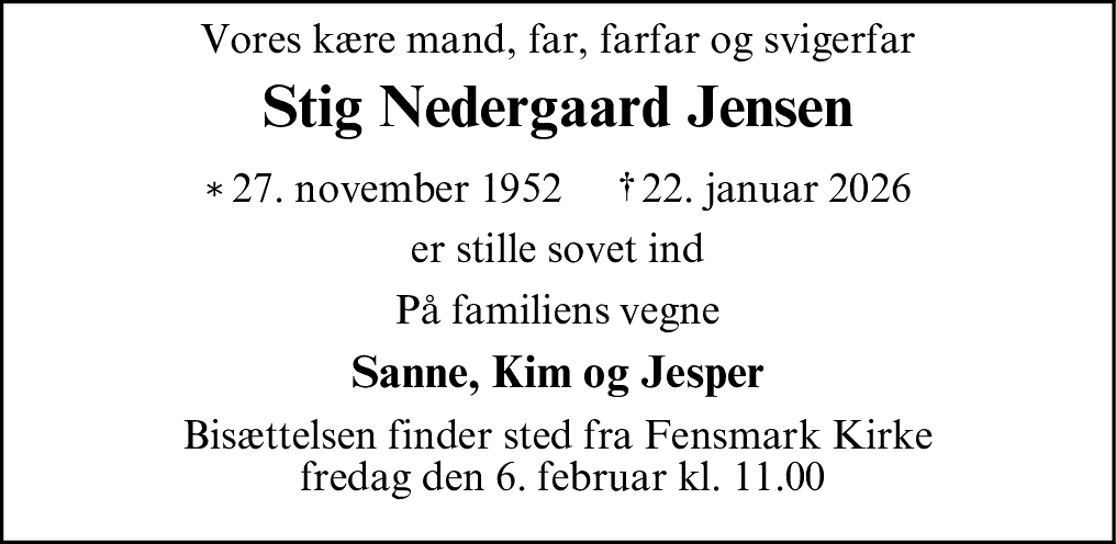 Dødsannonce for Stig Nedergaard Jensen