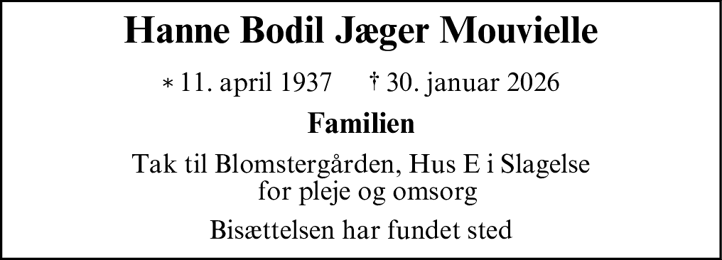 Dødsannonce for Hanne Bodil Jæger Mouvielle