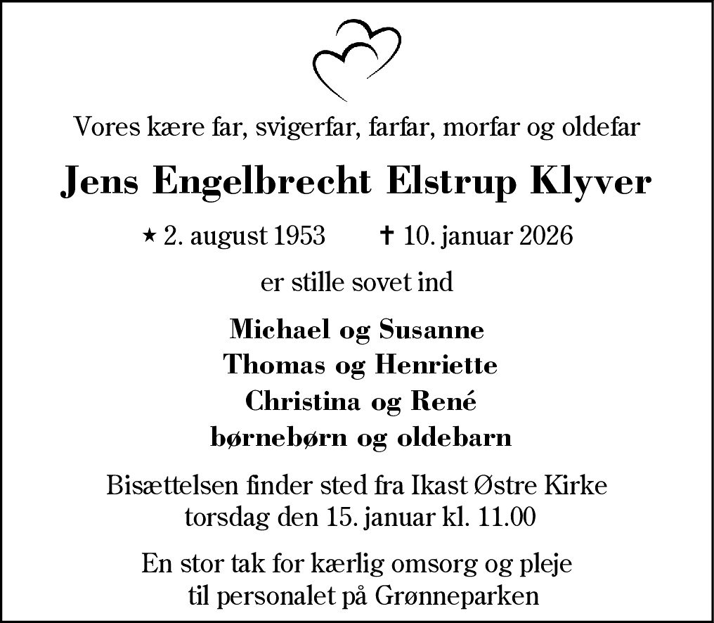 Dødsannonce for Jens Engelbrecht Elstrup Klyver