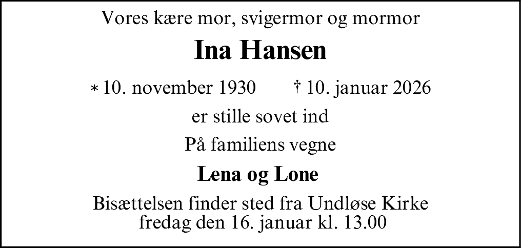 Dødsannonce for Ina Marie Johanne Hansen