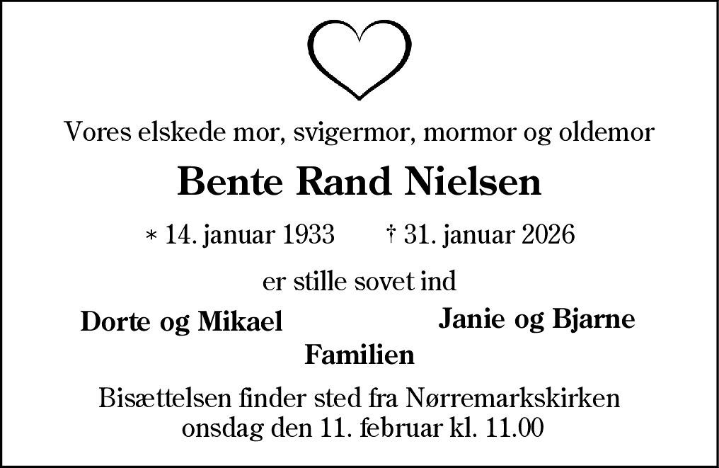 Dødsannonce for Bente Rand Nielsen