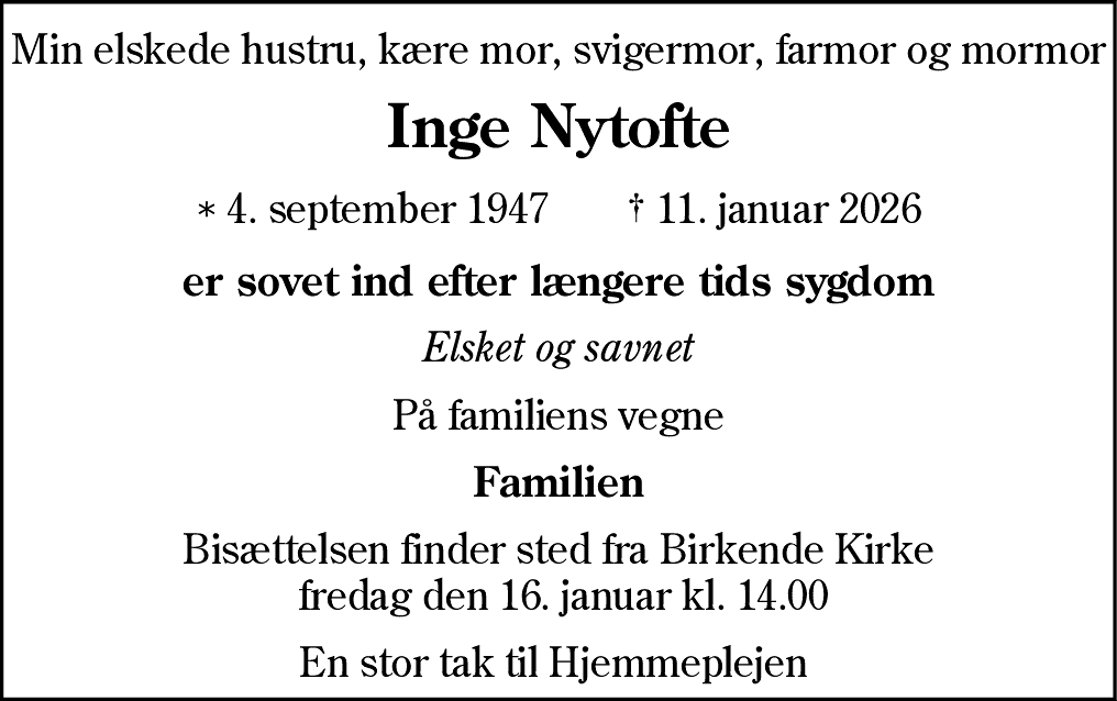 Dødsannonce for Inge Nytofte
