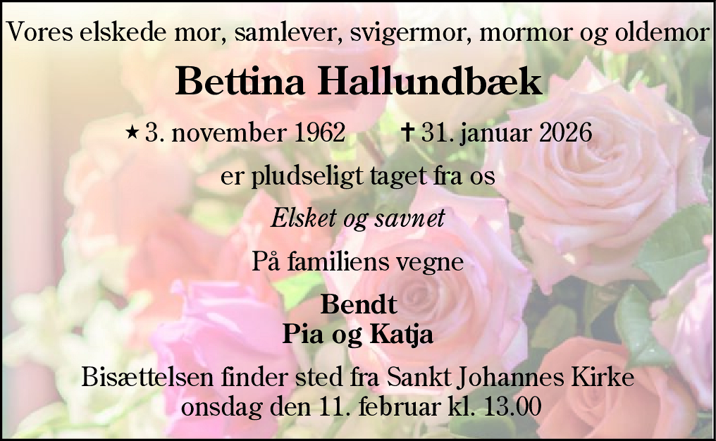 Dødsannonce for Bettina Hallundbæk