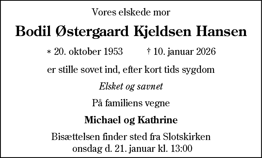 Dødsannonce for Bodil Østergaard Kjeldsen Hansen
