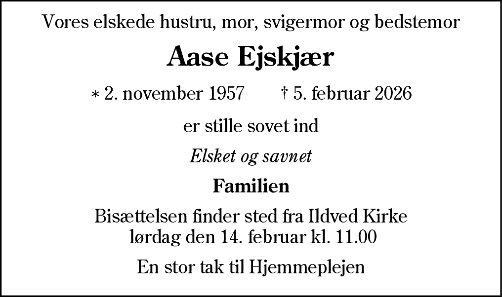 Dødsannonce for Aase Hanne Ejskjær