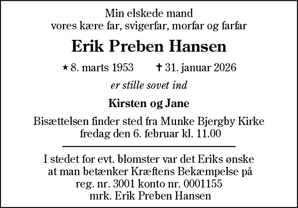 Dødsannonce for Erik Preben Hansen